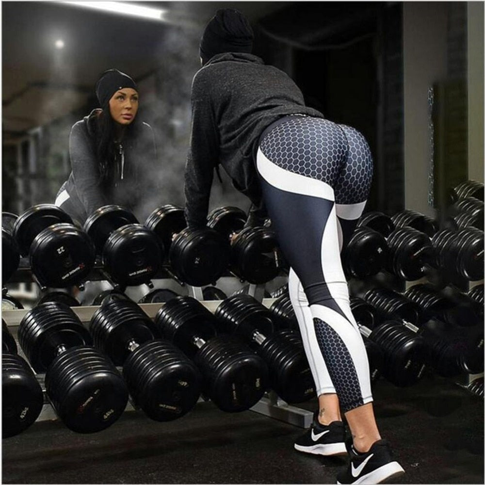 Leggings con estampado de patrón de malla, mallas deportivas para mujer, mallas deportivas para entrenamiento, mallas elásticas ajustadas para correr, pantalones blancos y negros