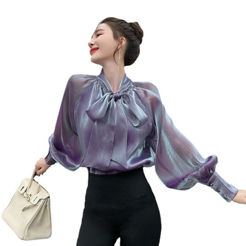 Pearlescent Chiffon Shirt Design Sense Mesh Ribbon Shirt