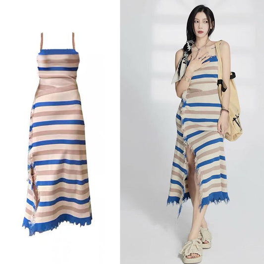 Designer Stylish Striped Tassel Spaghetti Strap Sexy Women Midi Dress Knitting Camisole Sweater Dresses