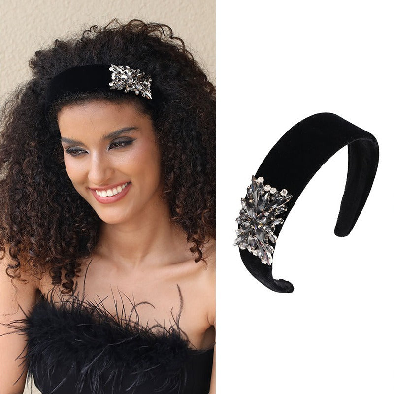 Fashionable solid color rhinestone wide edge sponge hair hoop