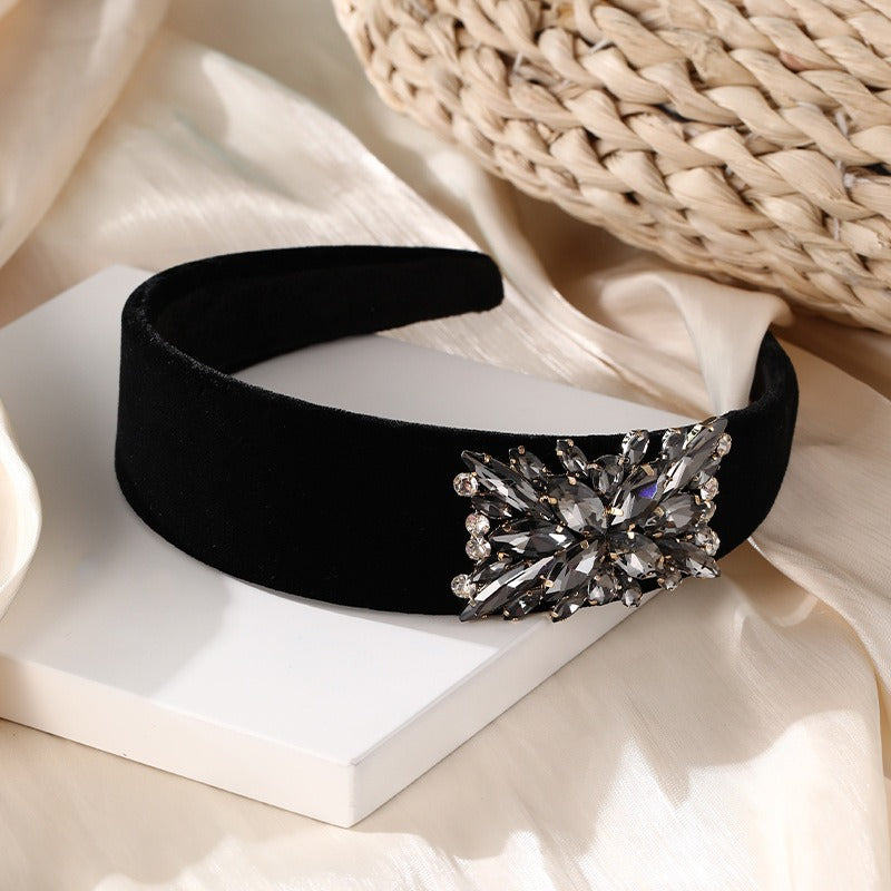 Fashionable solid color rhinestone wide edge sponge hair hoop