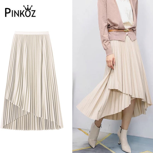 Designer Stylish Irregular Pleated Long Skirt Autumn Winter Fashion French Retro Basic High Wait Skirts For Women