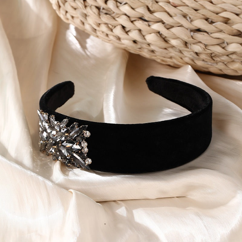 Fashionable solid color rhinestone wide edge sponge hair hoop