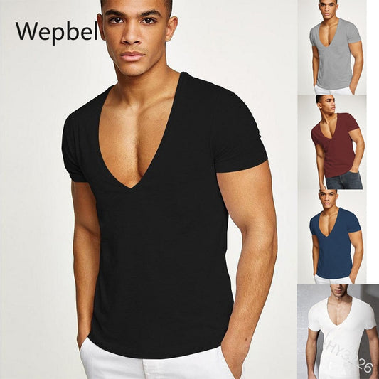 Wepbel Deep V Short Sleeve T-shirt Men's Sports Large V-neck Slim Tight T-shirt Solid Color Plus Size Tops Summer Men Tops