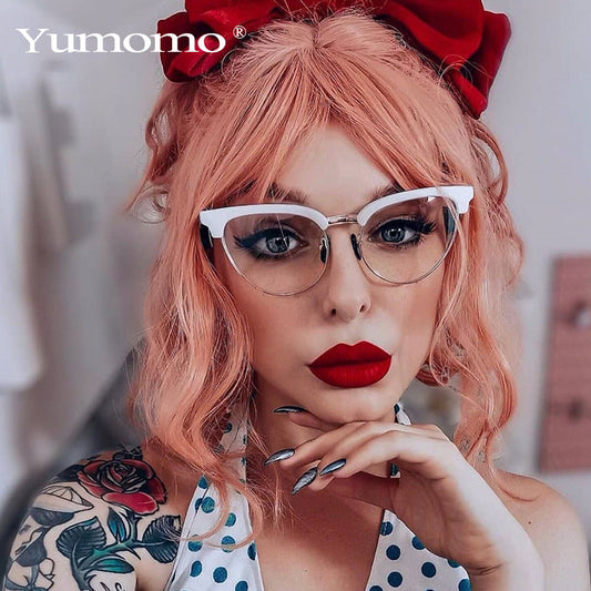 Fashion New Cat Eye Flat Lens Personality Half Frame Metal Anti-Blue Light Glasses Trend Cross-Border Glasses Frame Women