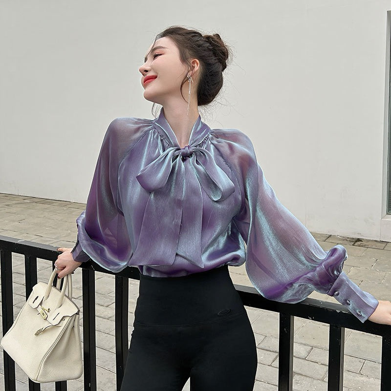 Pearlescent Chiffon Shirt Design Sense Mesh Ribbon Shirt