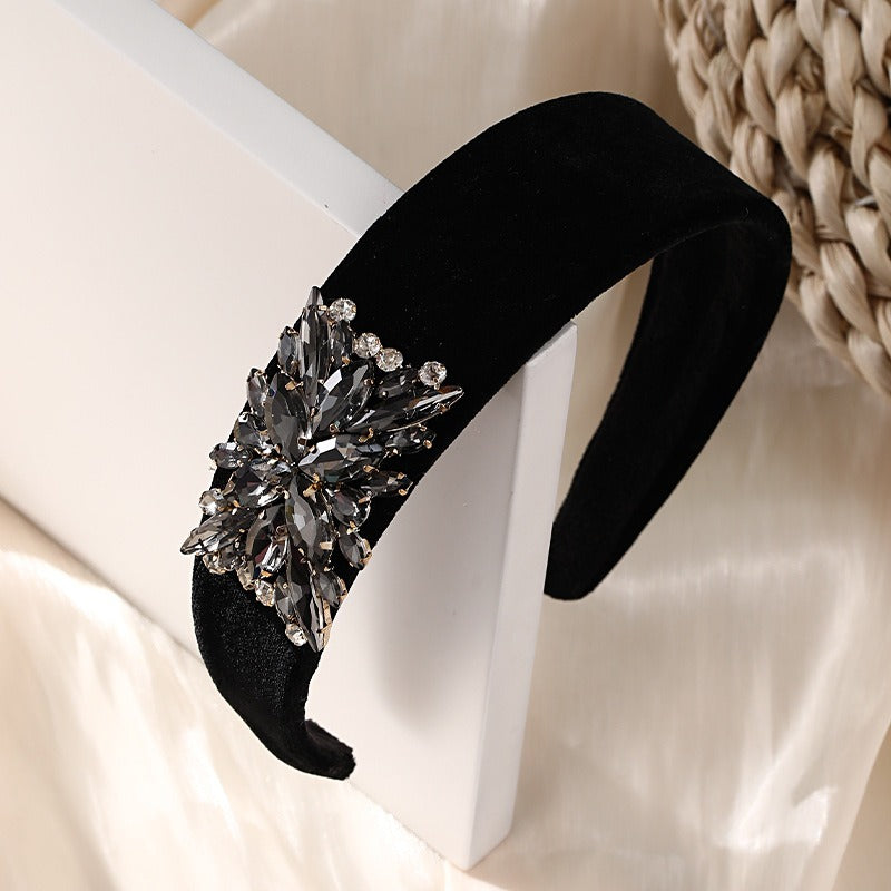 Fashionable solid color rhinestone wide edge sponge hair hoop