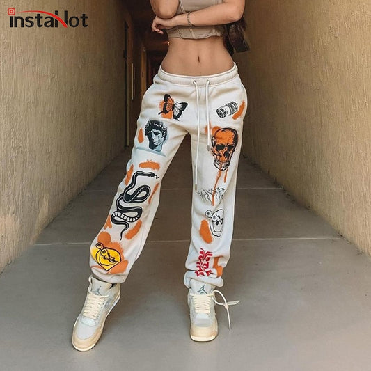 InstaHot, pantalón deportivo para mujer, pantalones con estampado de dibujos animados Harajuku, pantalón de carga con cordón, ropa de calle, pantalón de chándal informal para otoño 