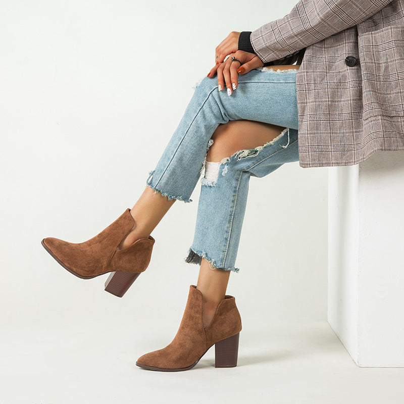 Botas Martin de ante nuevo para mujer, botas cortas y delgadas, botas cortas grandes y puntiagudas con tacón grueso