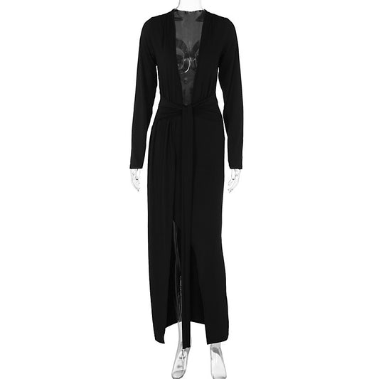 Instagram style women's autumn and winter new fashionable and sexy deep V-neck long sleeved lace up slit dress