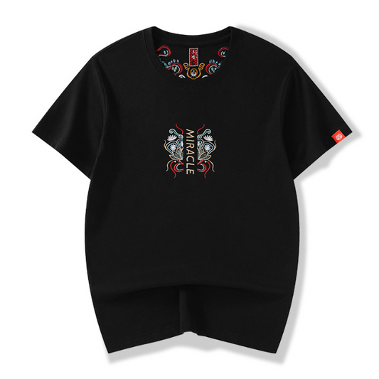 Chaopai China Chinese style koi embroidery cotton short sleeved T shirt men loose fashion oversize men shirt