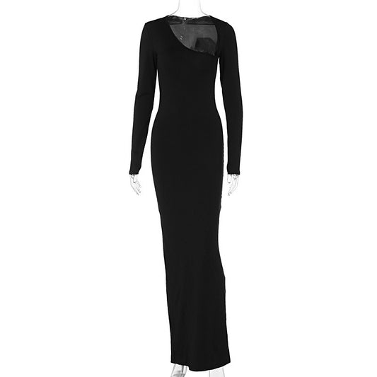 Autumn and Winter New Sexy Spicy Girl Slim Fit Long sleeved Slant Neck Split Back Dress