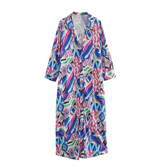 Women Vintage Cloth Patchwork Geometric Print Loose Shirt Midi Dress